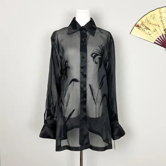 90s vintage black silk minimalist sheer organza emboidered tunic shirt blouse - Picture 2 of 10